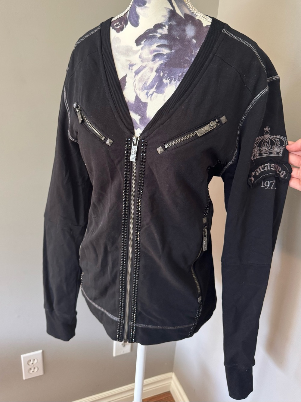 Y2K Parasuco Zip Up Sweater/Jacket With Silver Hardware With Studs & Rhinestones